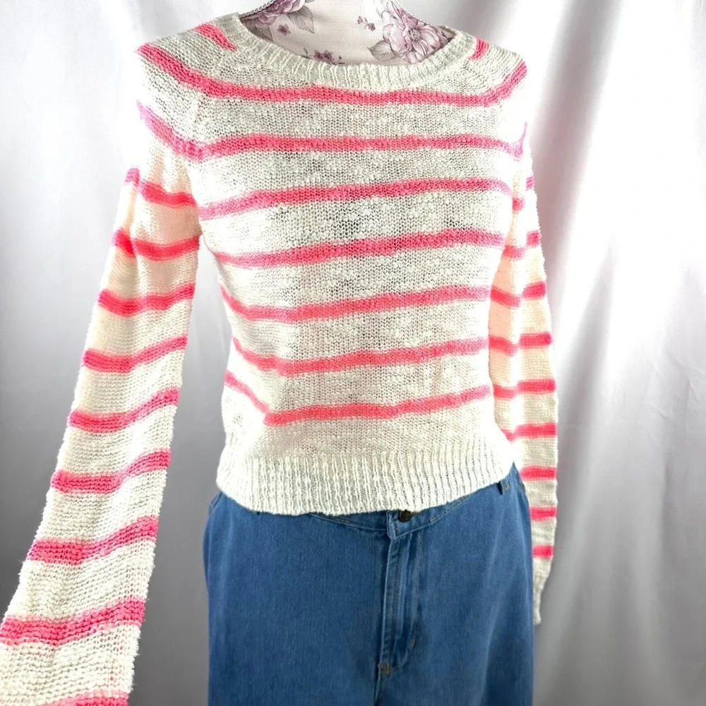 dELiA*s Pink White Cute Striped Knit Sweater Lightweight Pullover XS Valentine's